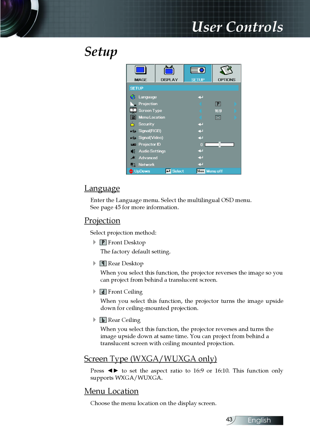 Optoma Technology EH505 manual Setup, Language, Projection, Screen Type WXGA/WUXGA only, Menu Location 