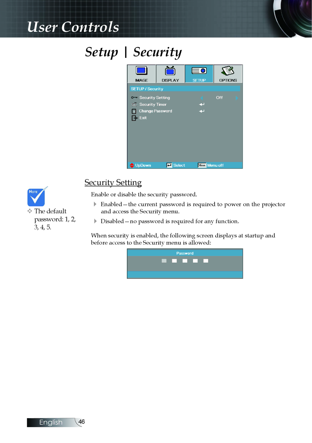 Optoma Technology EH505 manual Setup Security, Security Setting 