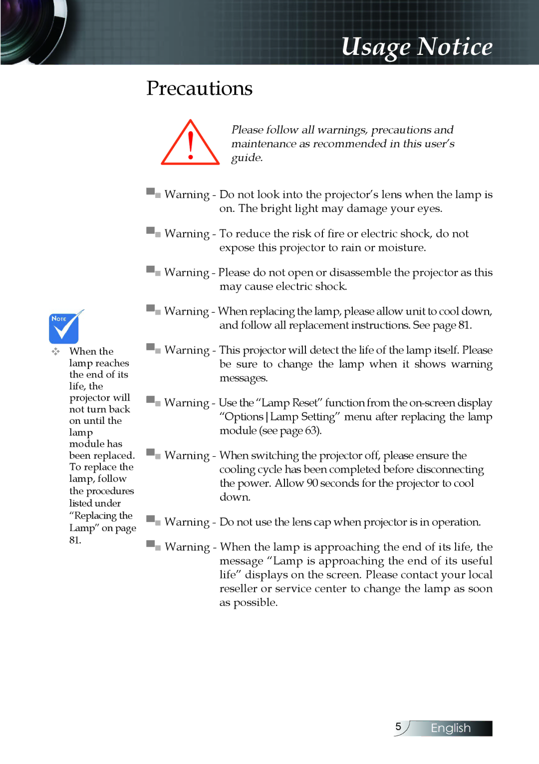 Optoma Technology EH505 manual Precautions 