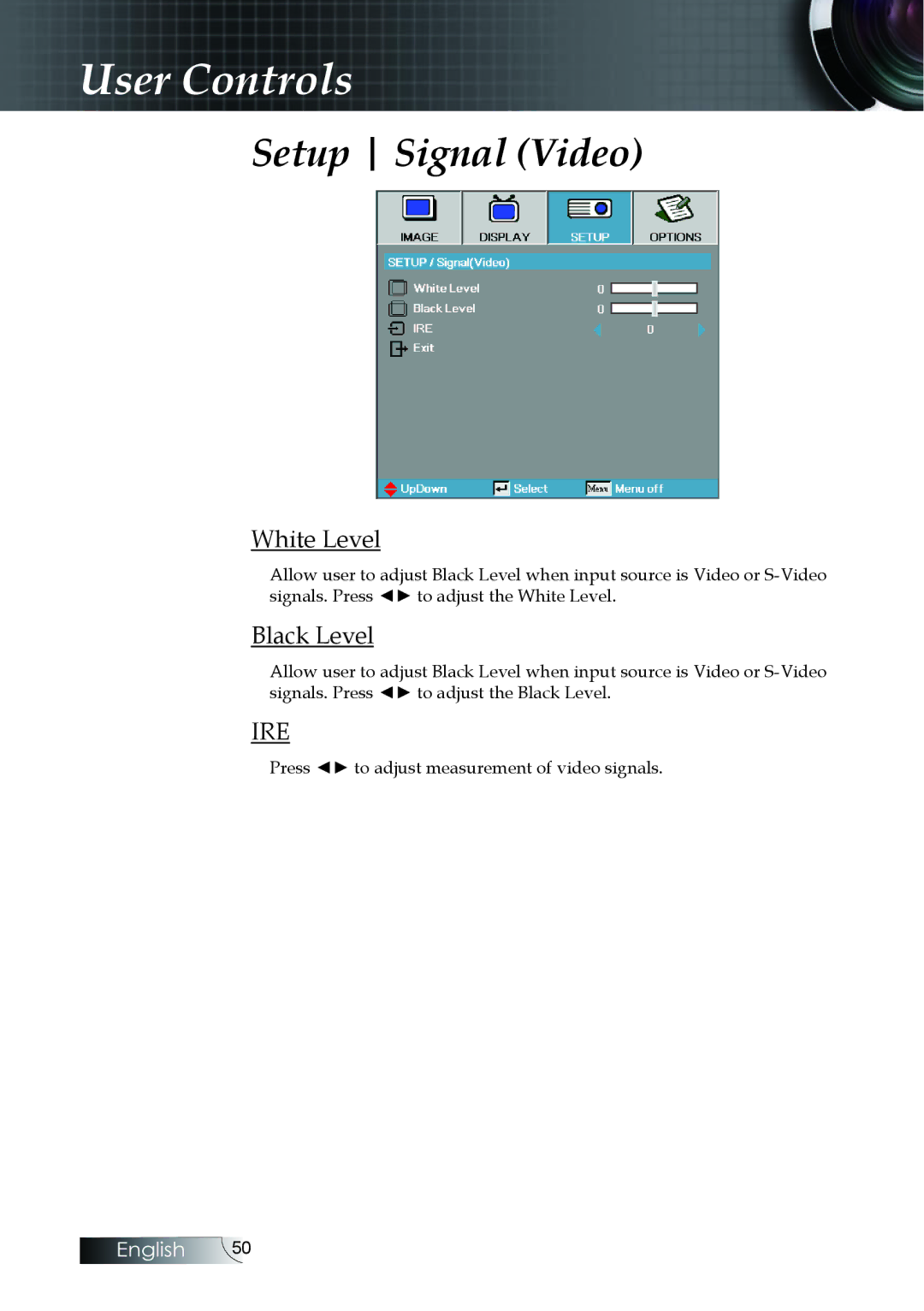 Optoma Technology EH505 manual Setup Signal Video, White Level, Black Level 