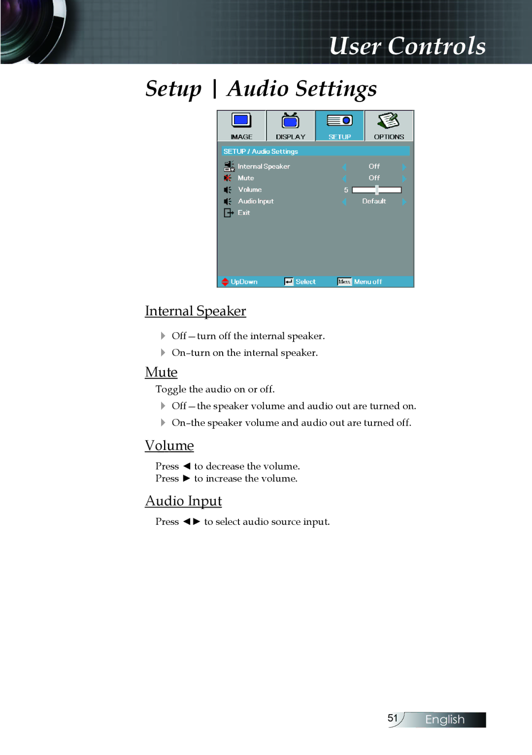 Optoma Technology EH505 manual Setup Audio Settings, Internal Speaker, Mute, Volume, Audio Input 