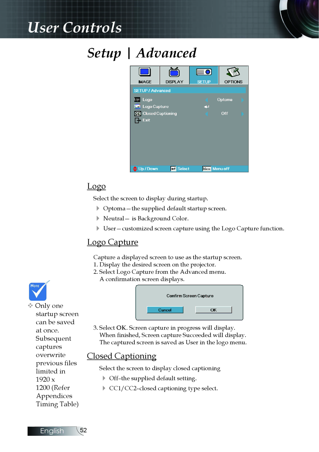 Optoma Technology EH505 manual Setup Advanced, Logo Capture, Closed Captioning 