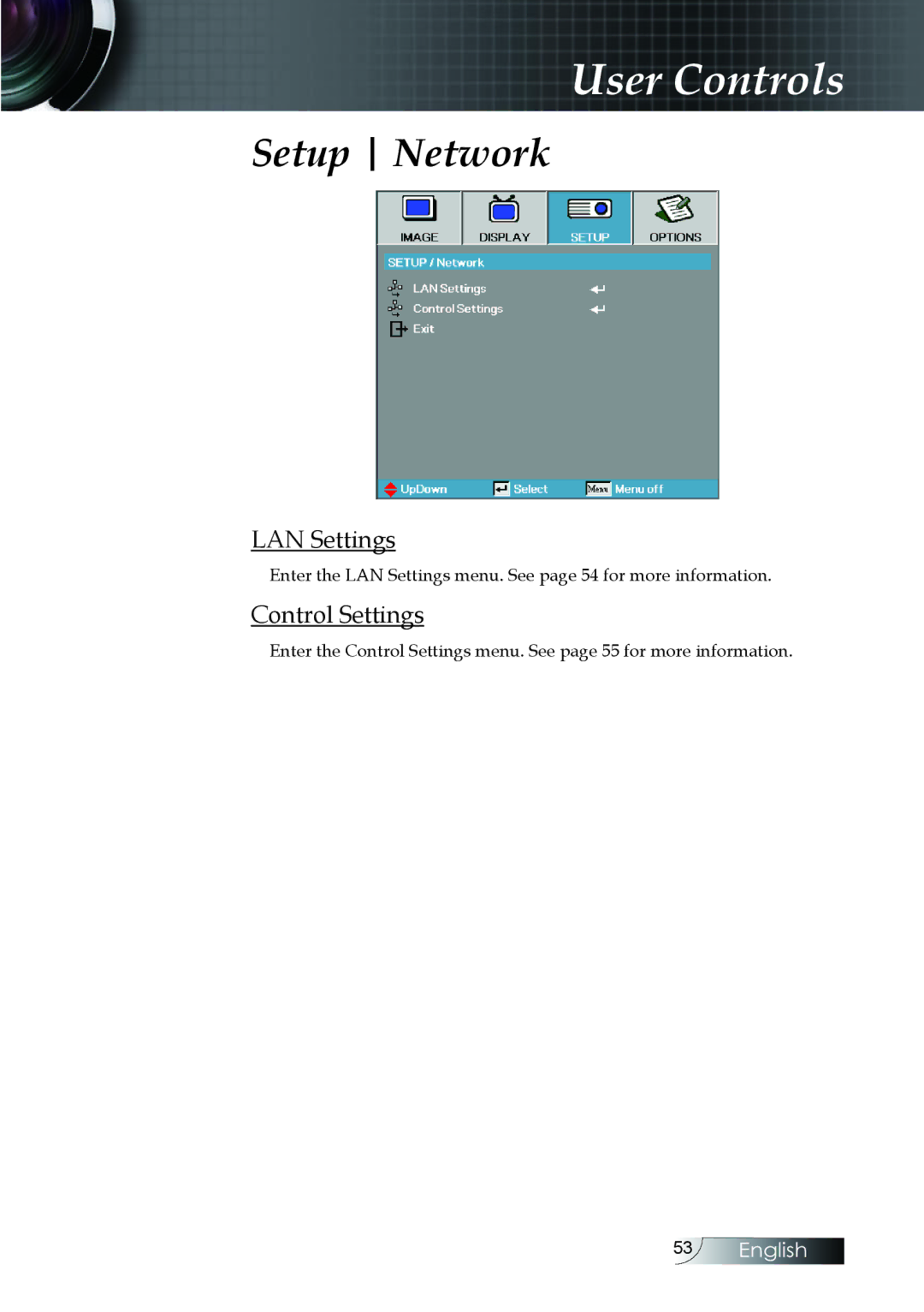 Optoma Technology EH505 manual Setup Network, LAN Settings, Control Settings 