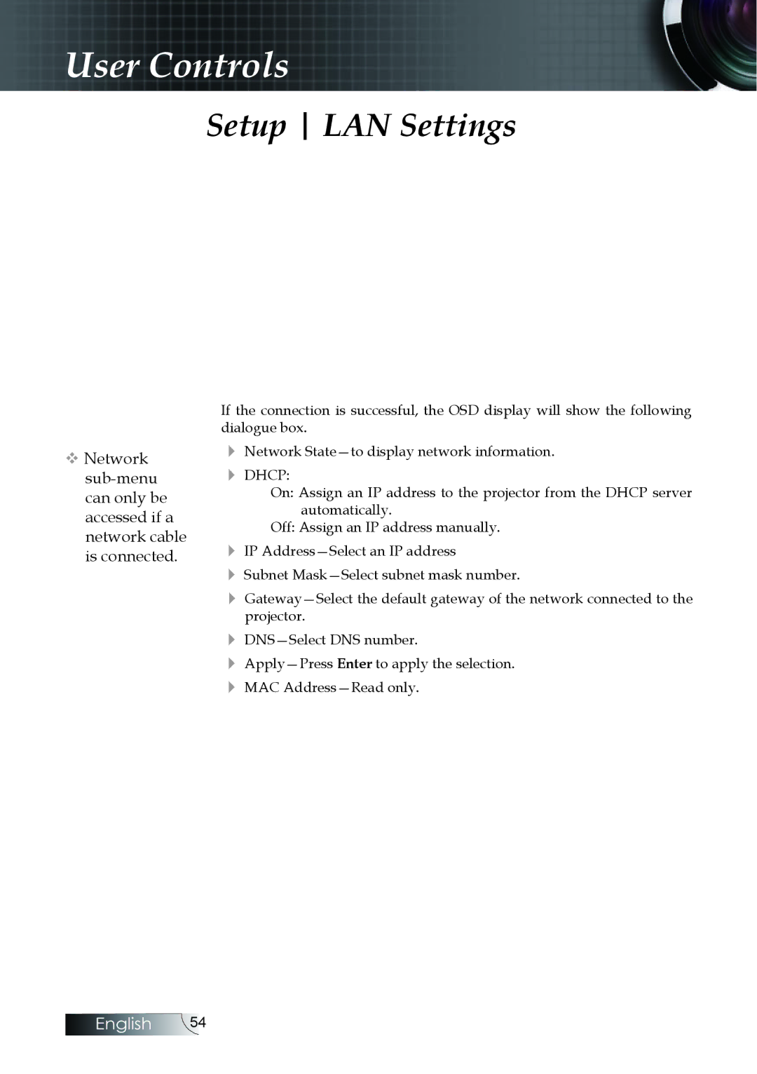 Optoma Technology EH505 manual Setup LAN Settings 