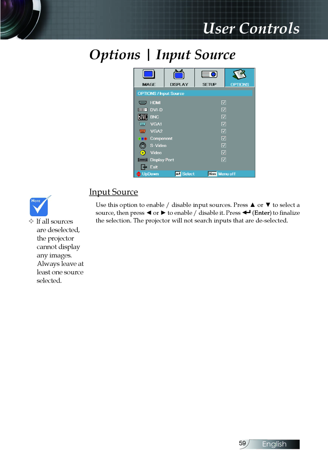 Optoma Technology EH505 manual Options Input Source 