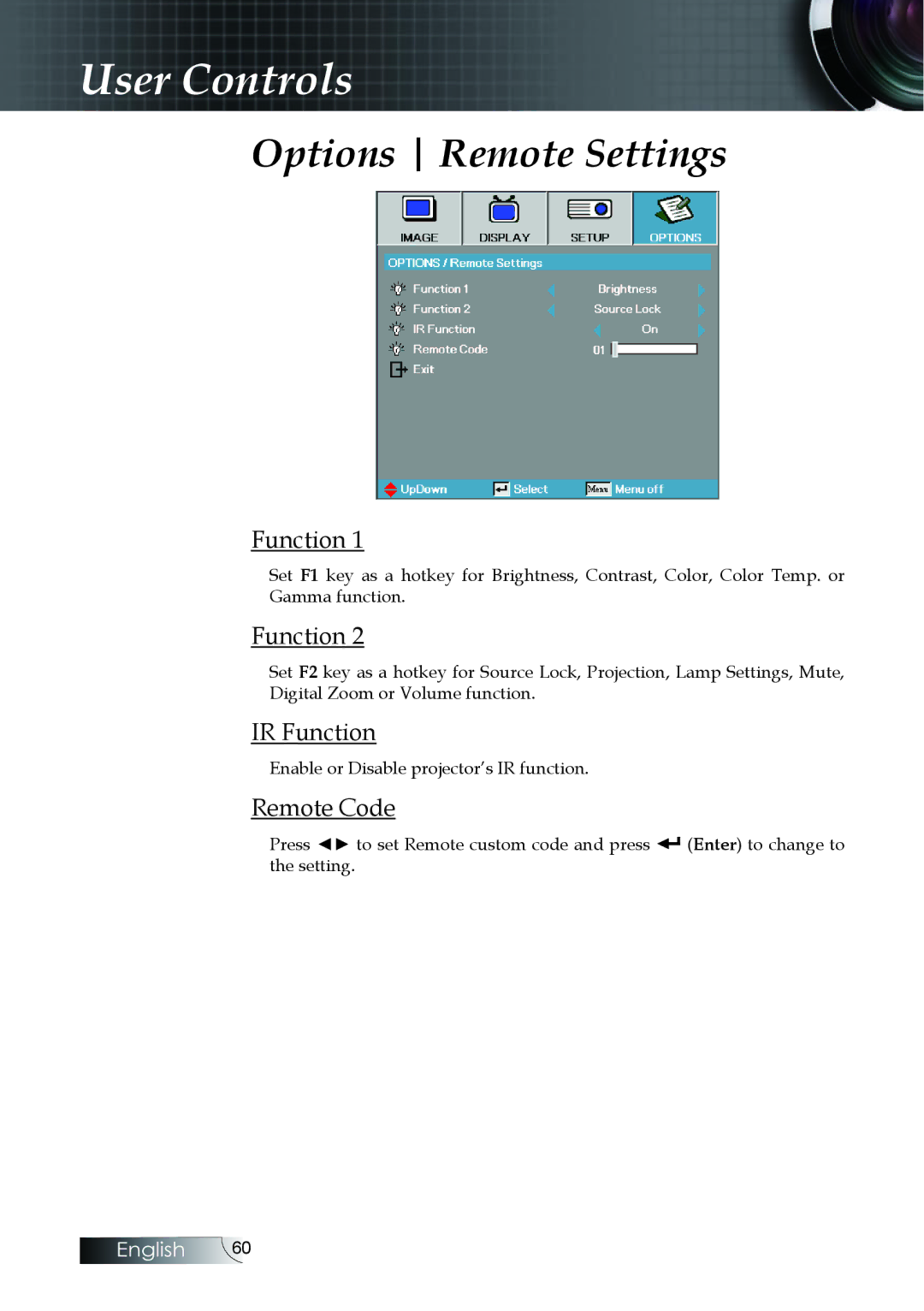 Optoma Technology EH505 manual Options Remote Settings, IR Function, Remote Code 