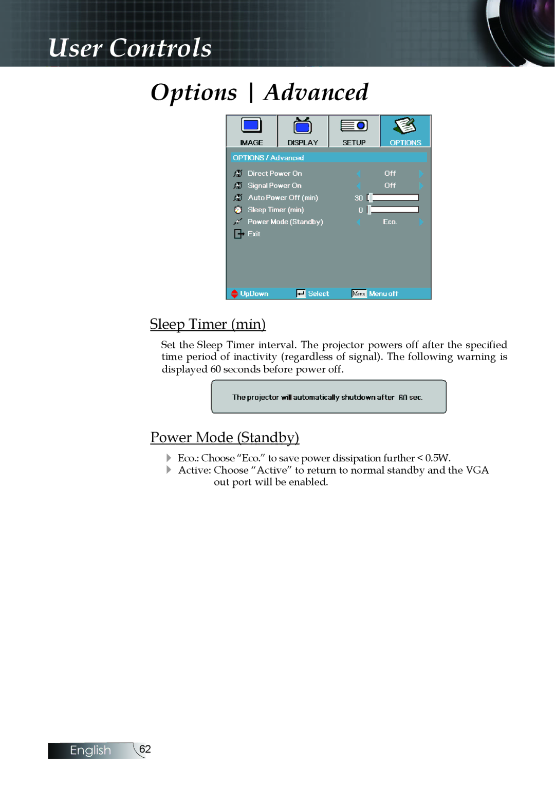 Optoma Technology EH505 manual Sleep Timer min, Power Mode Standby 