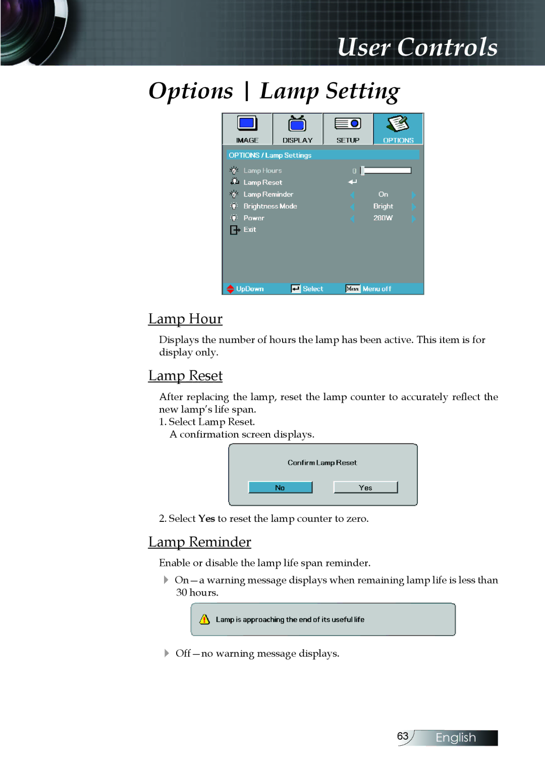 Optoma Technology EH505 manual Options Lamp Setting, Lamp Hour, Lamp Reset, Lamp Reminder 