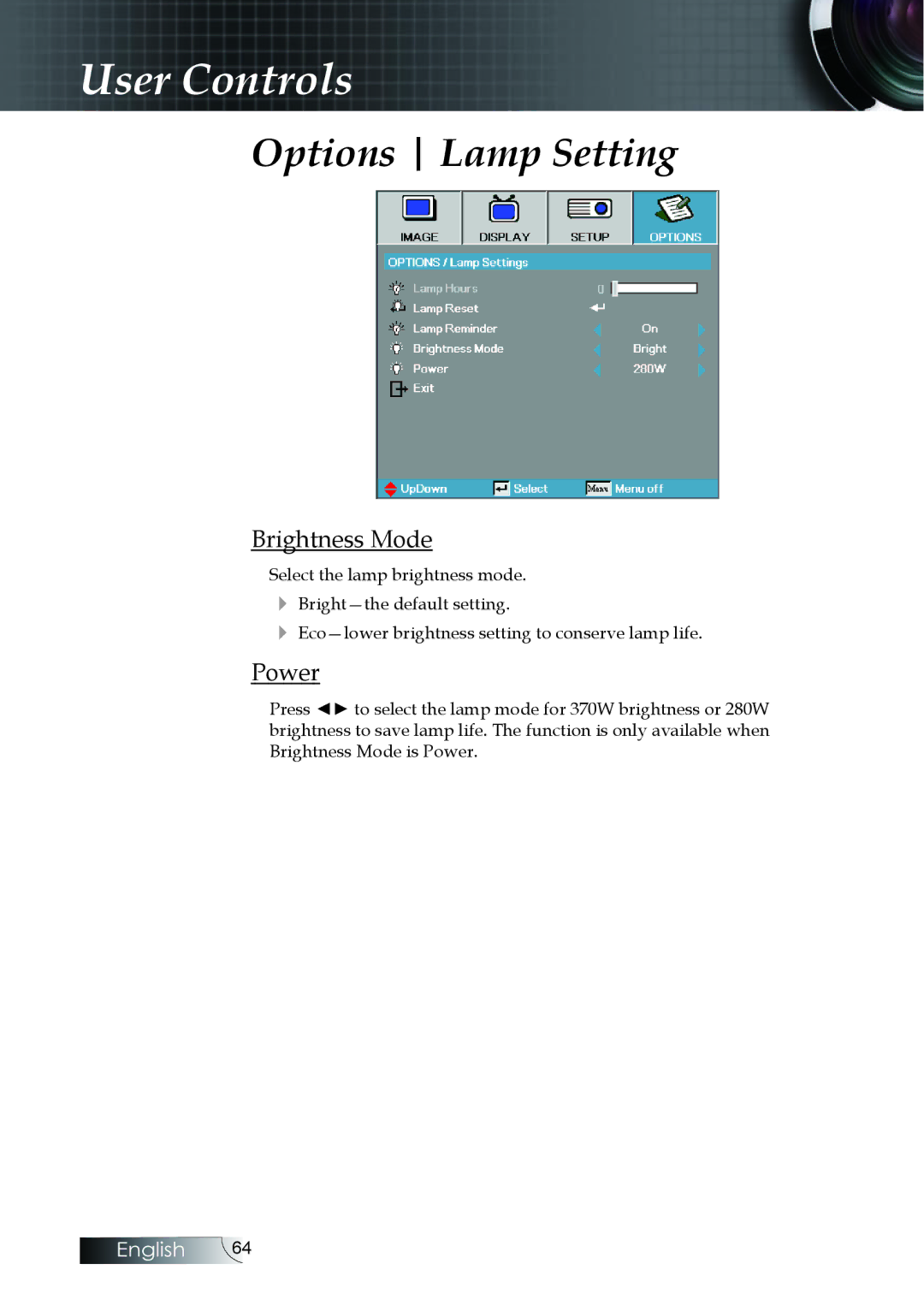 Optoma Technology EH505 manual Brightness Mode, Power 