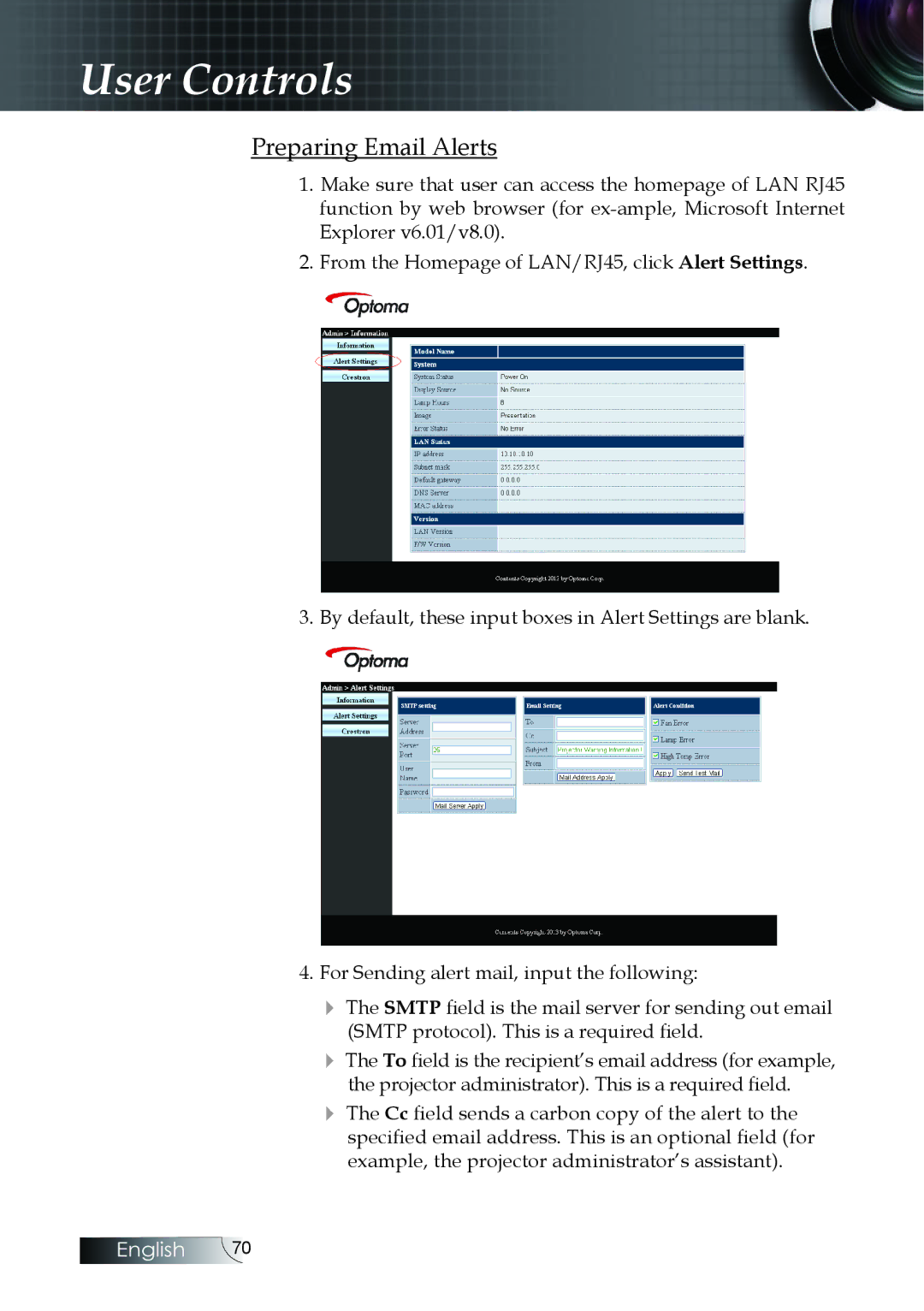 Optoma Technology EH505 manual Preparing Email Alerts 