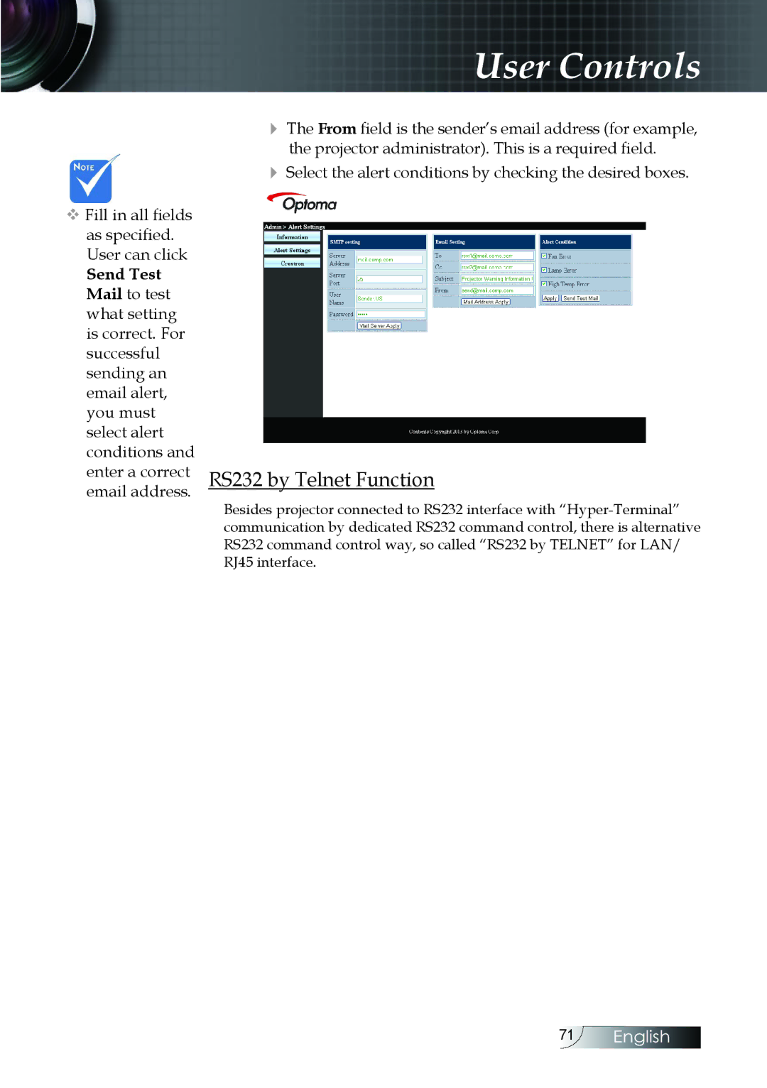 Optoma Technology EH505 manual RS232 by Telnet Function 