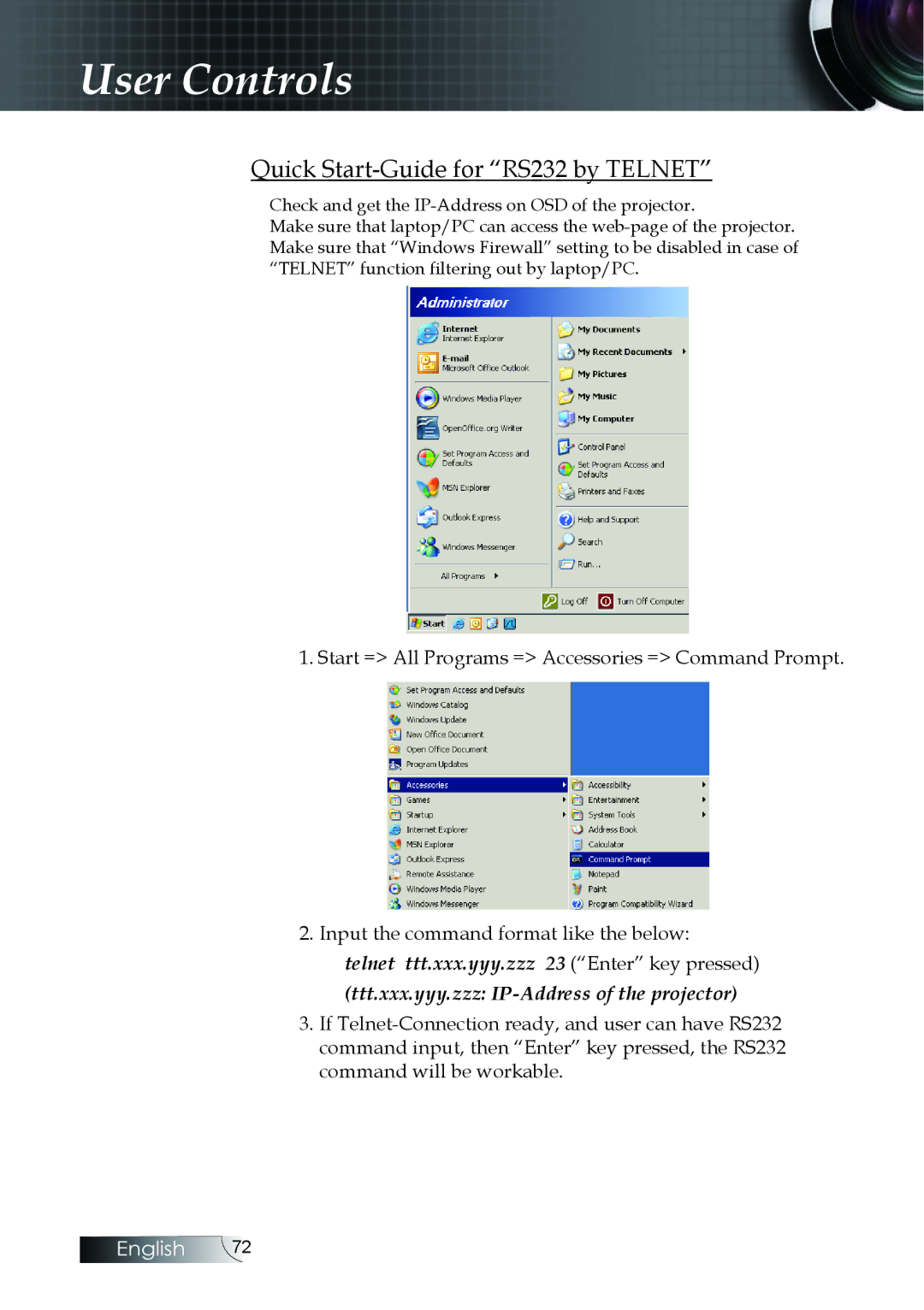 Optoma Technology EH505 manual Quick Start-Guide for RS232 by Telnet, Check and get the IP-Address on OSD of the projector 