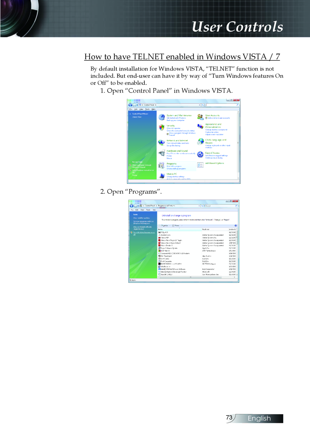 Optoma Technology EH505 manual How to have Telnet enabled in Windows Vista 