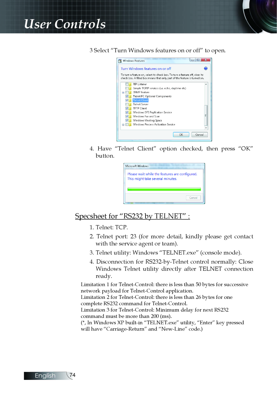 Optoma Technology EH505 manual Specsheet for RS232 by Telnet 