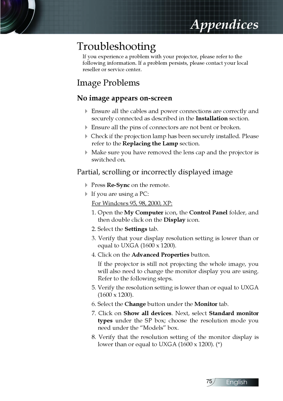 Optoma Technology EH505 manual Troubleshooting, Image Problems, Partial, scrolling or incorrectly displayed image 