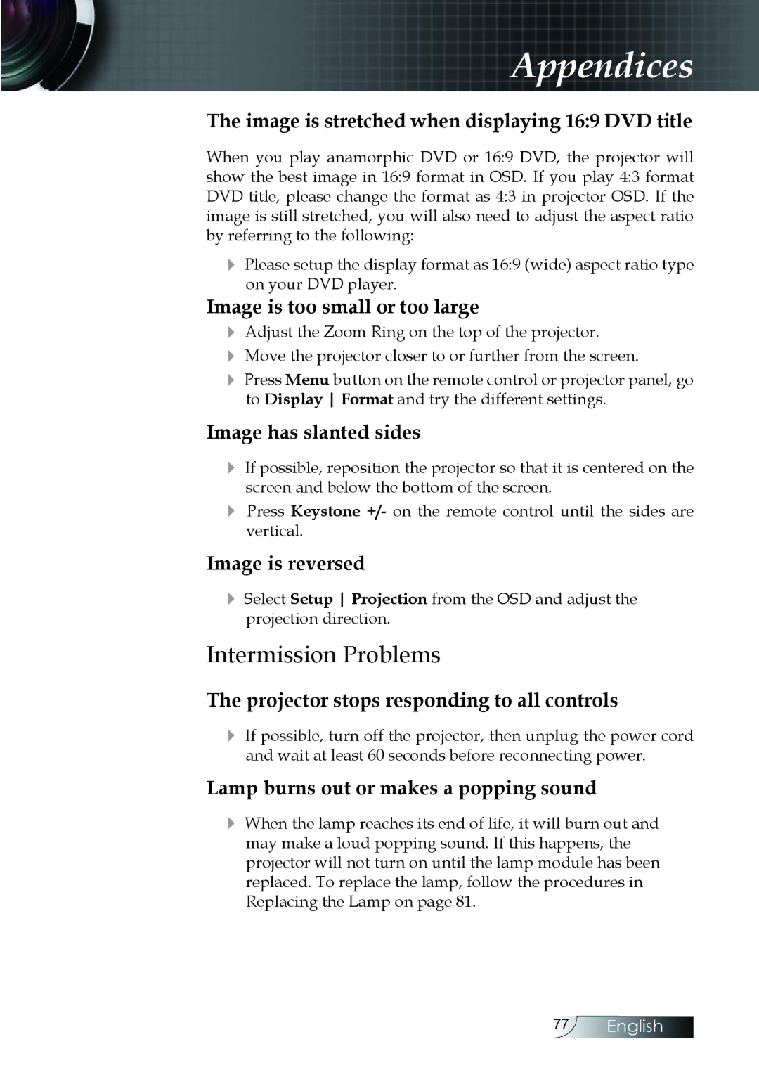 Optoma Technology EH505 manual Intermission Problems, Image is stretched when displaying 169 DVD title 