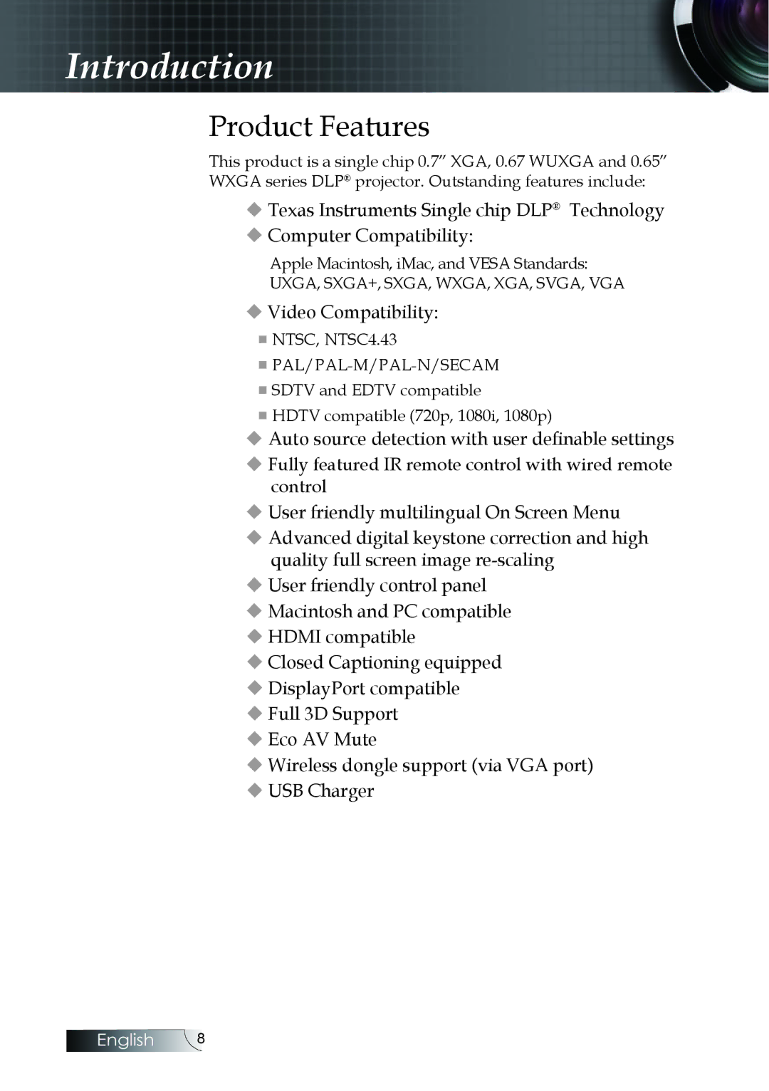 Optoma Technology EH505 manual Introduction, Product Features 