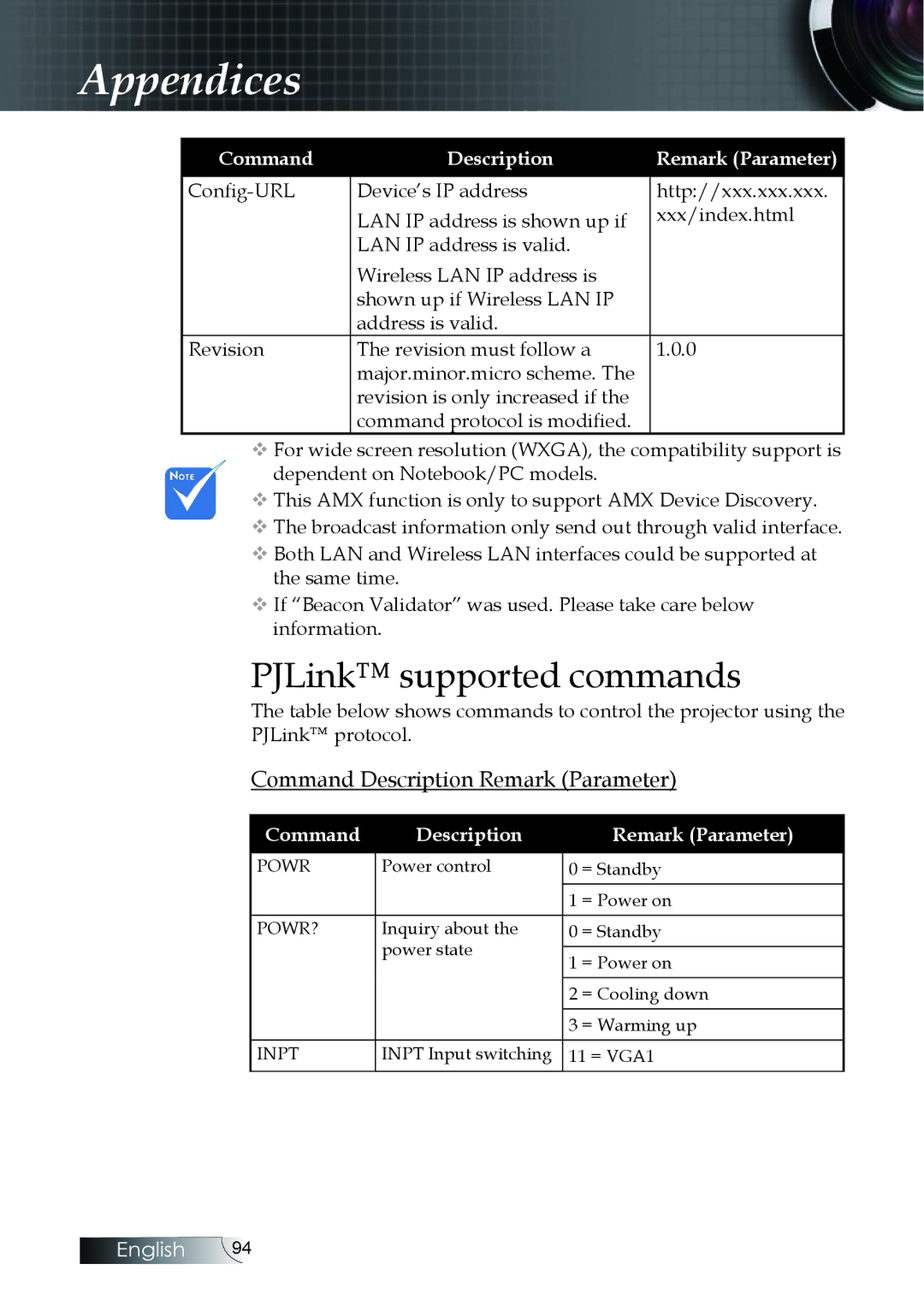 Optoma Technology EH505 manual PJLink supported commands, Command Description Remark Parameter 