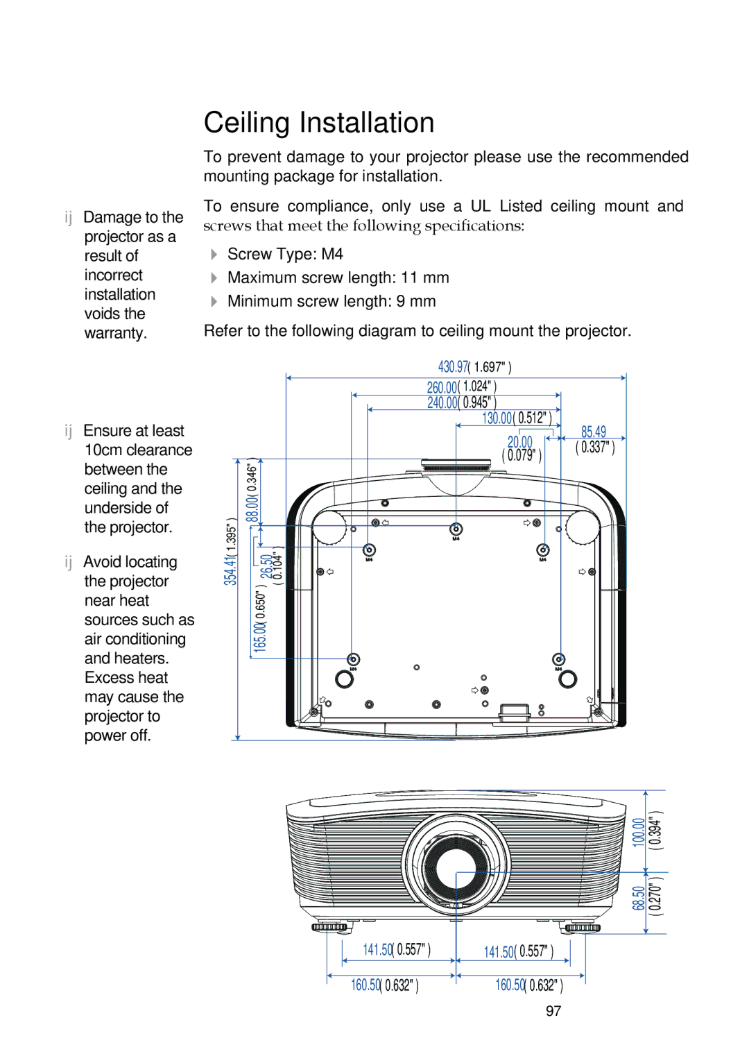 Optoma Technology EH505 manual Ceiling Installation 