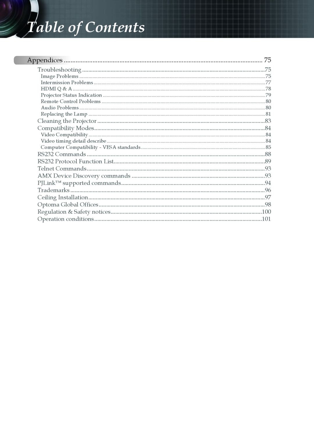 Optoma Technology EH505 manual Appendices, Table of Contents 