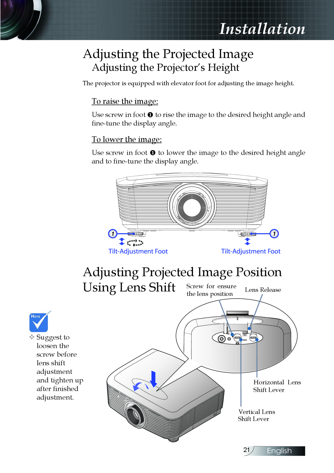 Optoma Technology EH505 manual Adjusting the Projected Image, Adjusting Projected Image Position, Using Lens Shift, English 