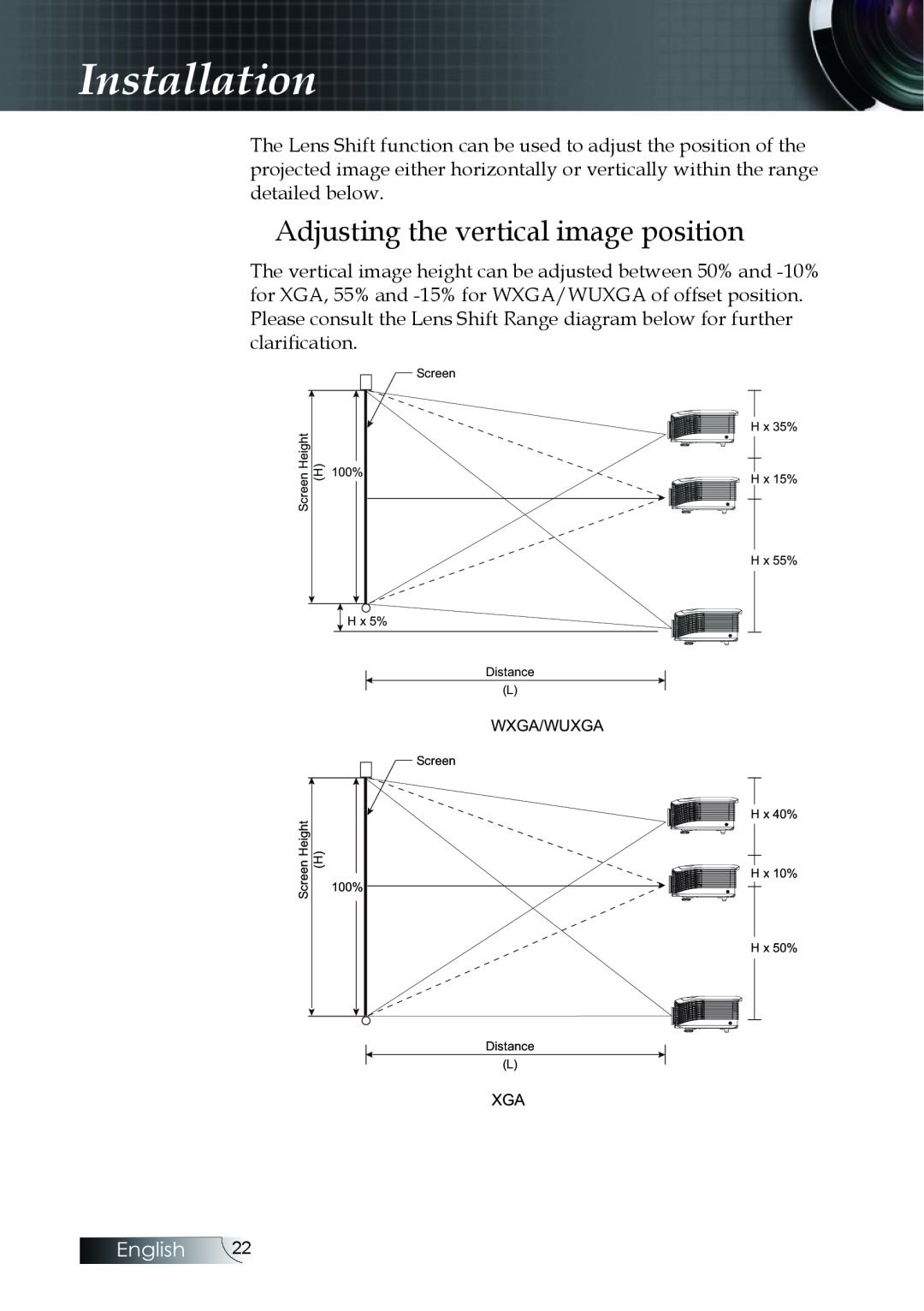 Optoma Technology EH505 manual Adjusting the vertical image position, Installation, English, Wxga/Wuxga 