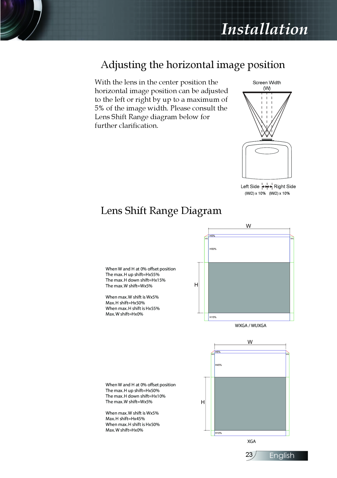 Optoma Technology EH505 manual Adjusting the horizontal image position, Lens Shift Range Diagram, English, Installation 