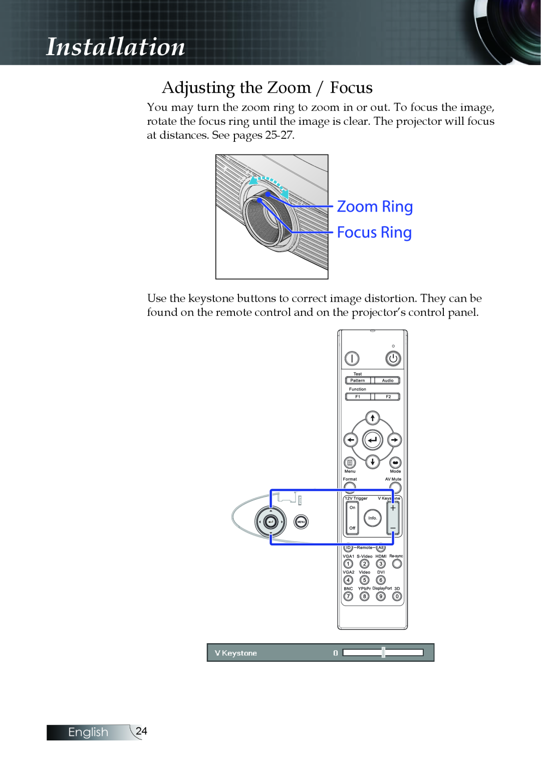Optoma Technology EH505 manual Adjusting the Zoom / Focus, Installation, English 