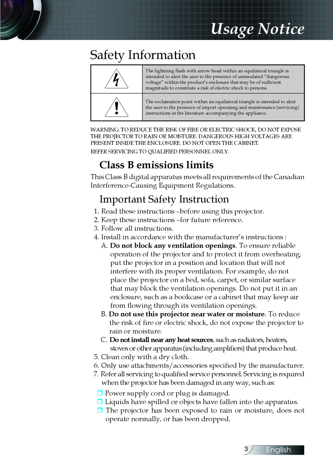 Optoma Technology EH505 Usage Notice, Safety Information, Class B emissions limits, Important Safety Instruction, English 