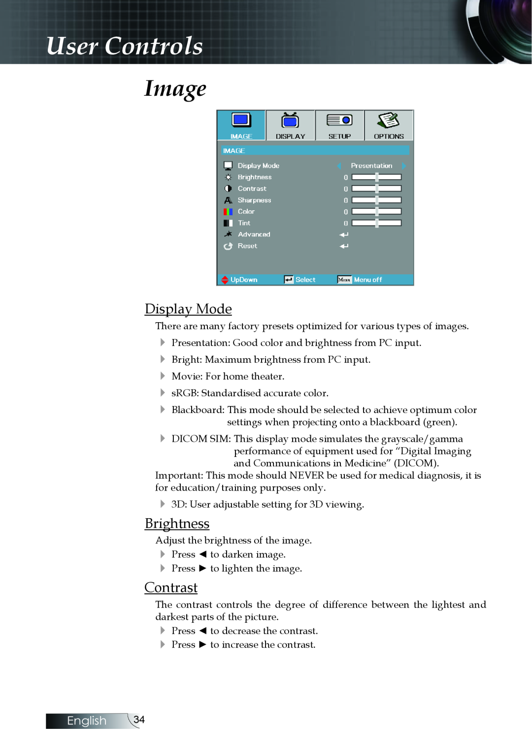 Optoma Technology EH505 manual Image, Display Mode, Brightness, Contrast, User Controls, English 