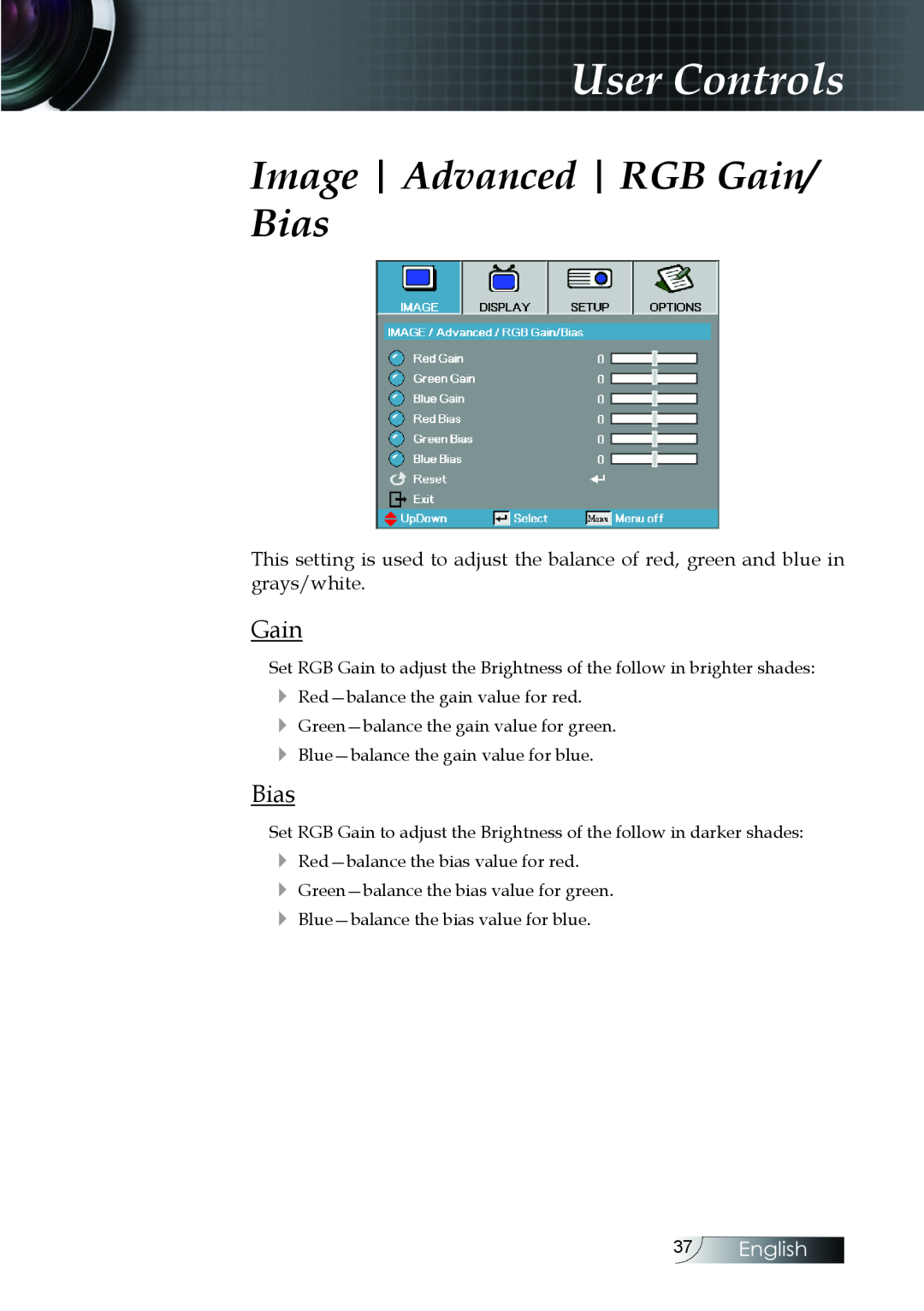 Optoma Technology EH505 manual Image Advanced RGB Gain/ Bias, English, User Controls 