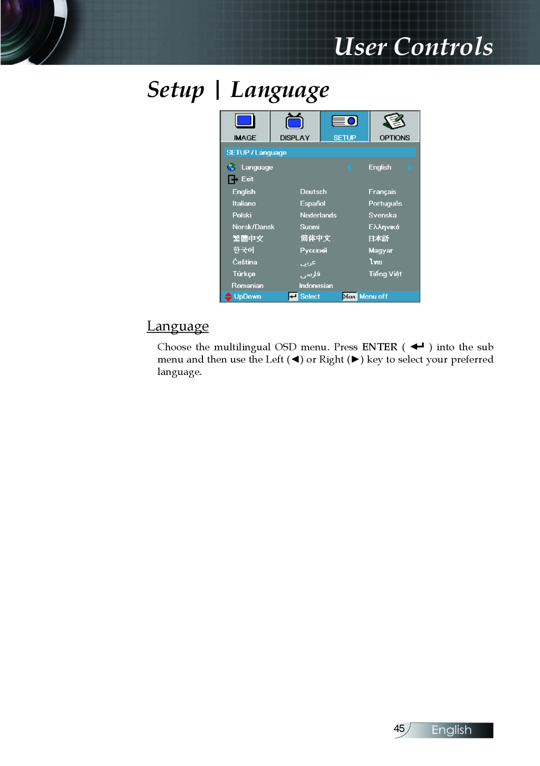 Optoma Technology EH505 manual Setup Language, English, User Controls 