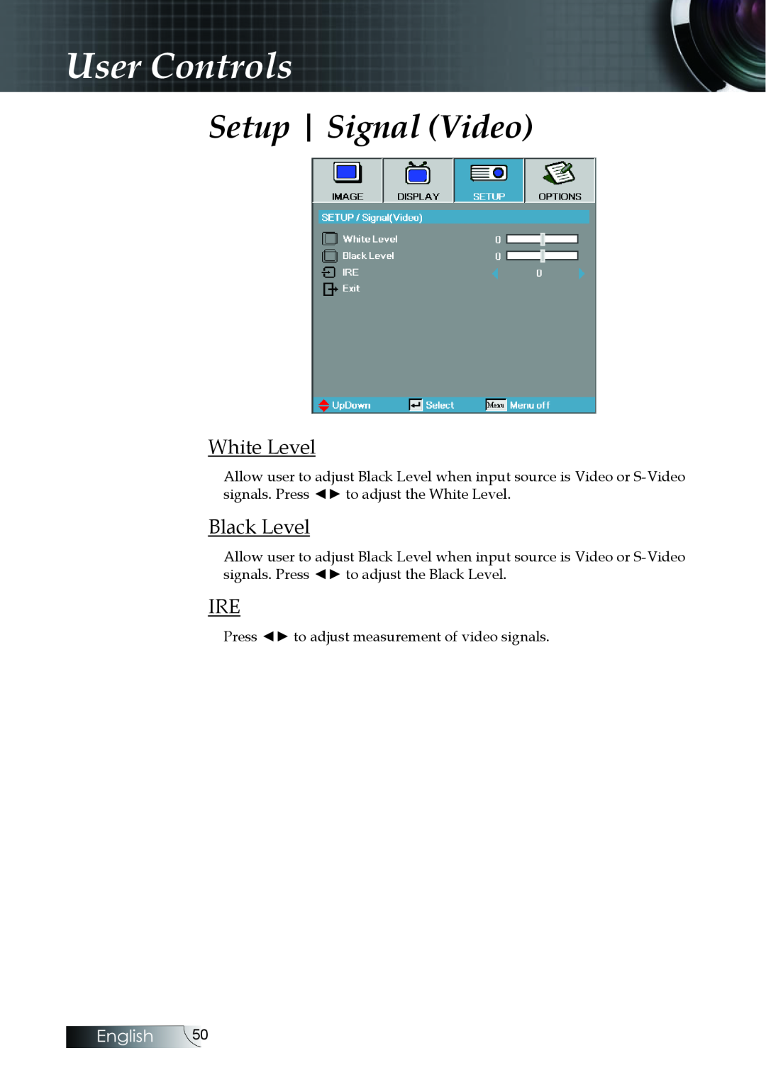 Optoma Technology EH505 manual Setup Signal Video, White Level, Black Level, User Controls, English 