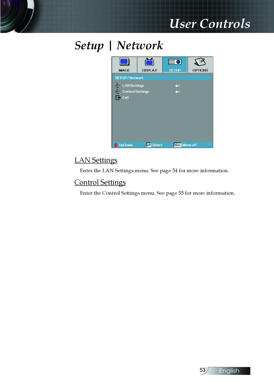 Optoma Technology EH505 manual Setup Network, LAN Settings, Control Settings, English, User Controls 