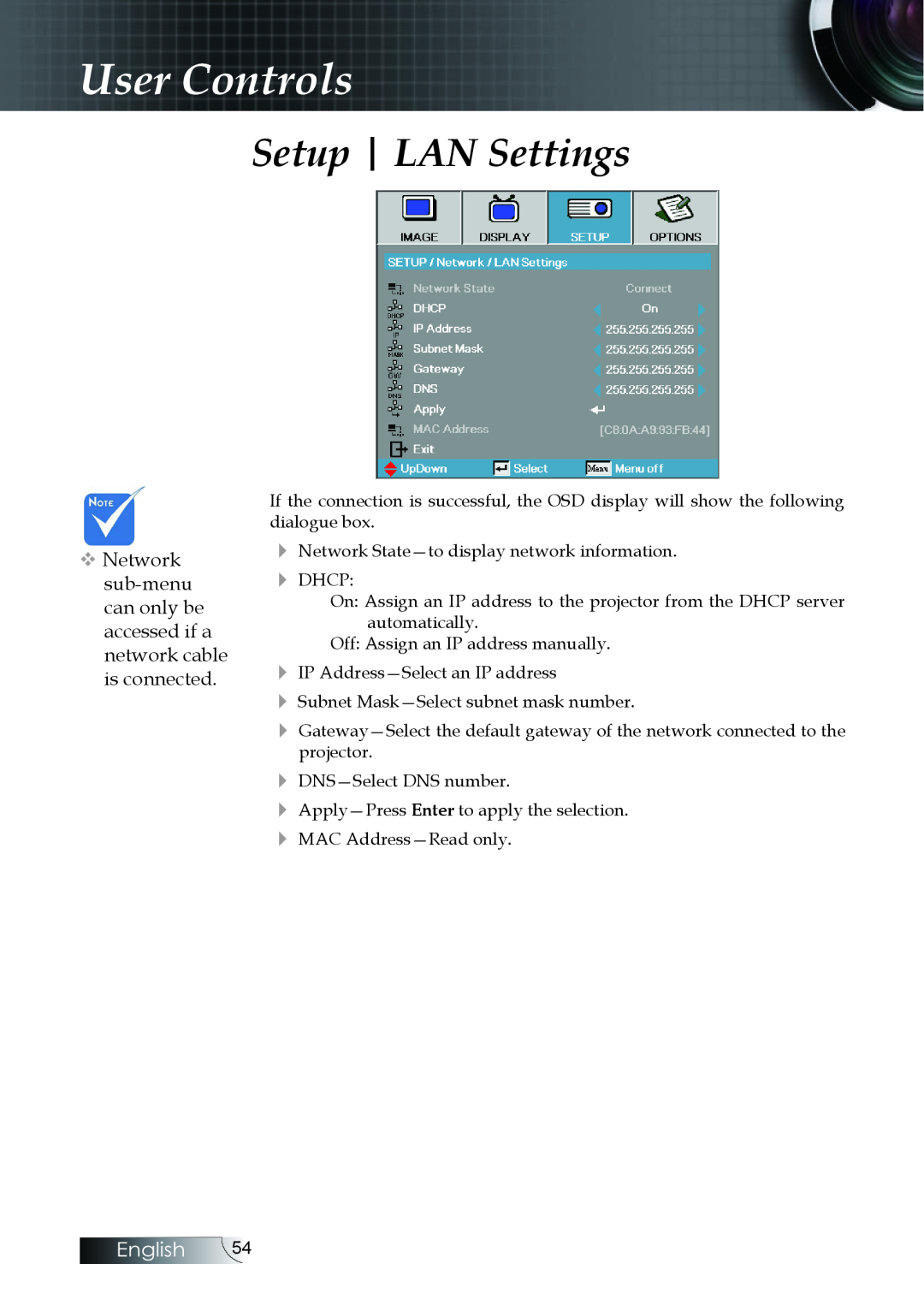 Optoma Technology EH505 manual Setup LAN Settings, User Controls, English 