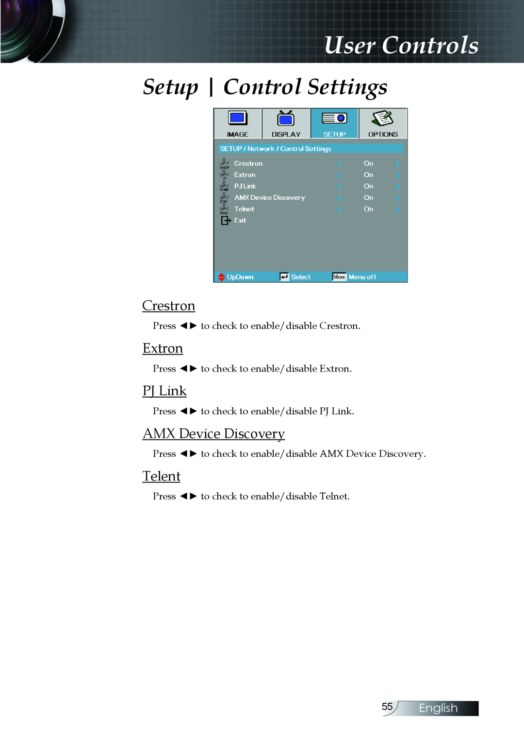 Optoma Technology EH505 manual Setup Control Settings, Crestron, Extron, PJ Link, AMX Device Discovery, Telent, English 