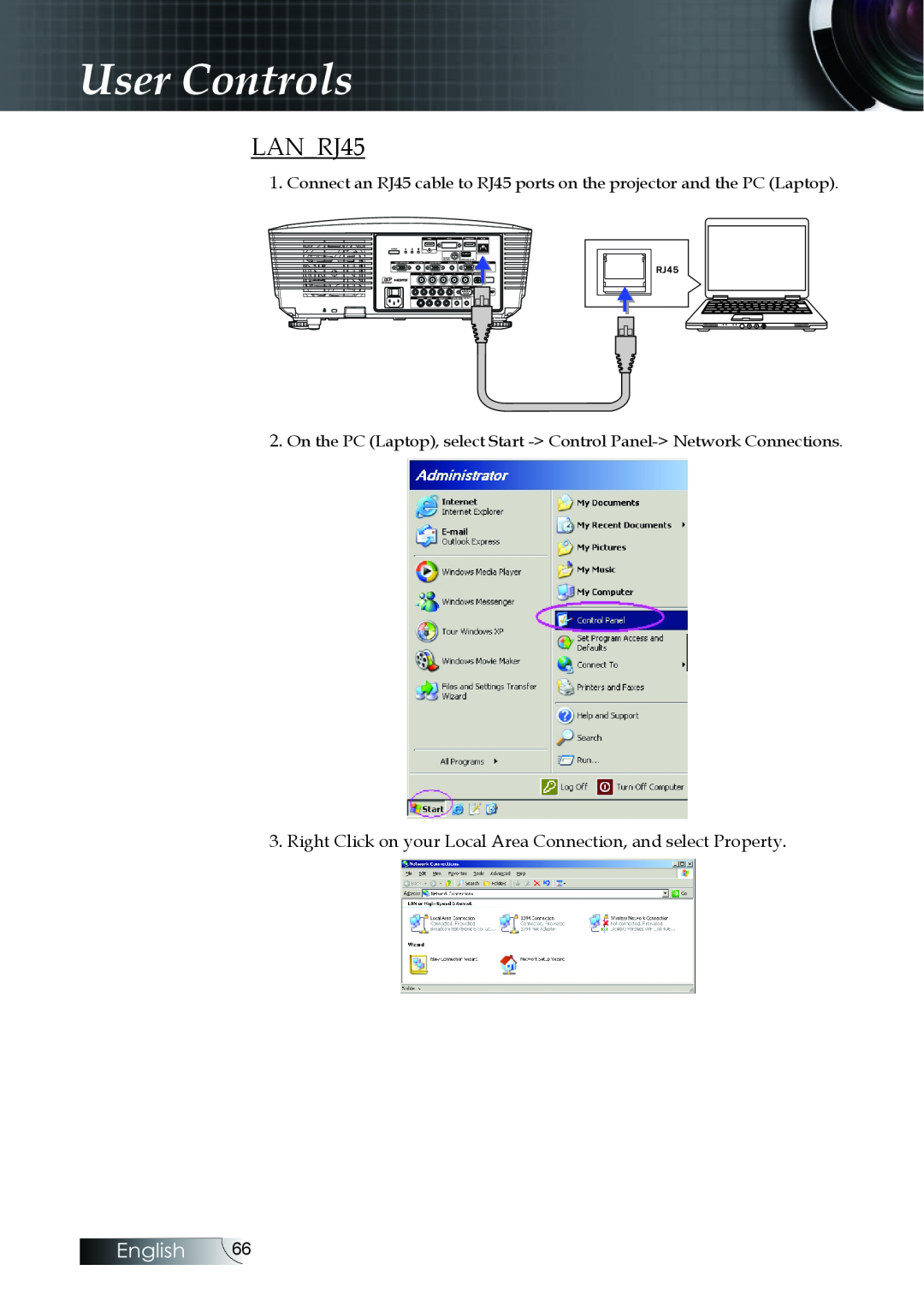 Optoma Technology EH505 LANRJ45, User Controls, English, Right Click on your Local Area Connection, and select Property 