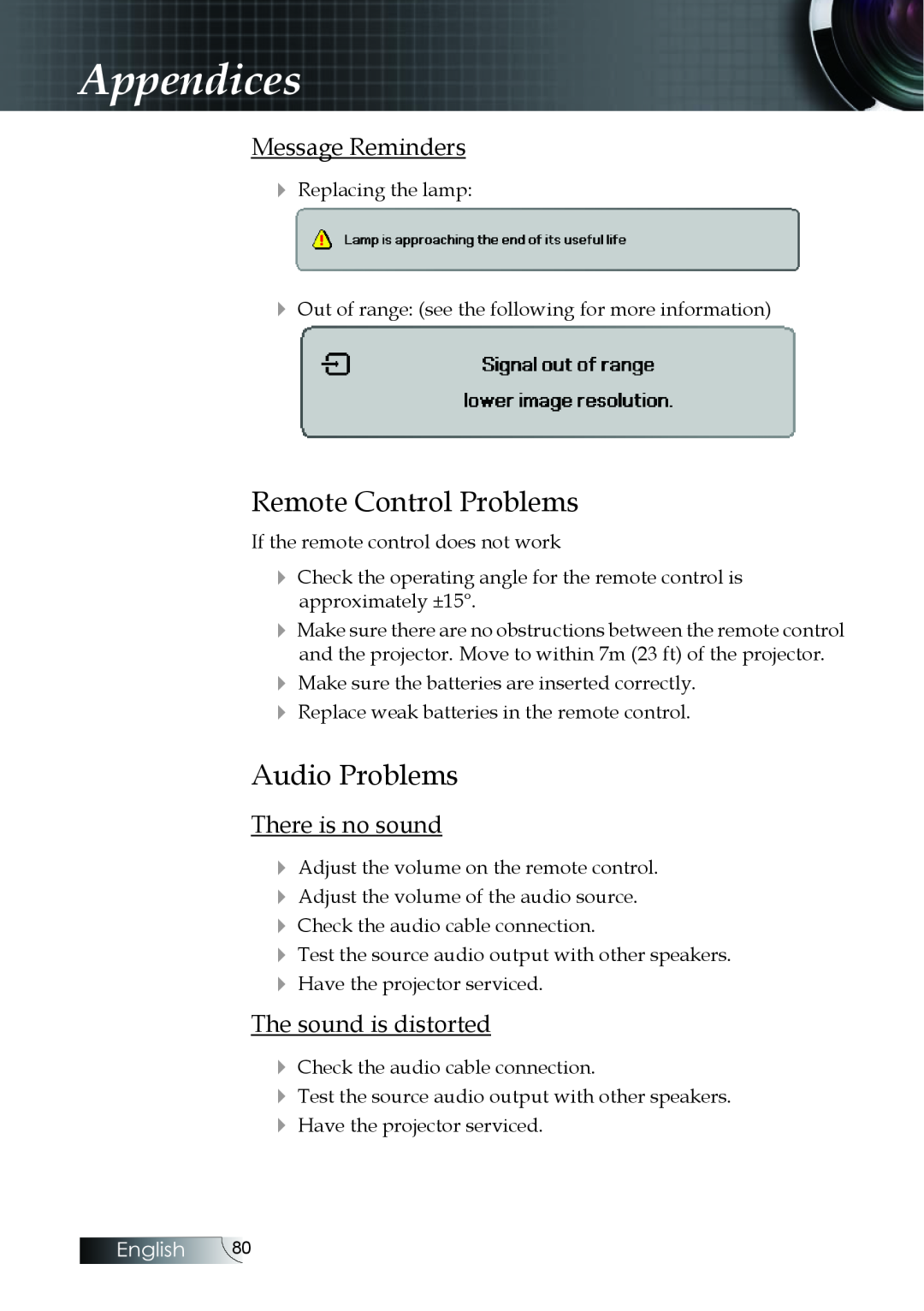 Optoma Technology EH505 Remote Control Problems, Audio Problems, Message Reminders, There is no sound, Appendices, English 