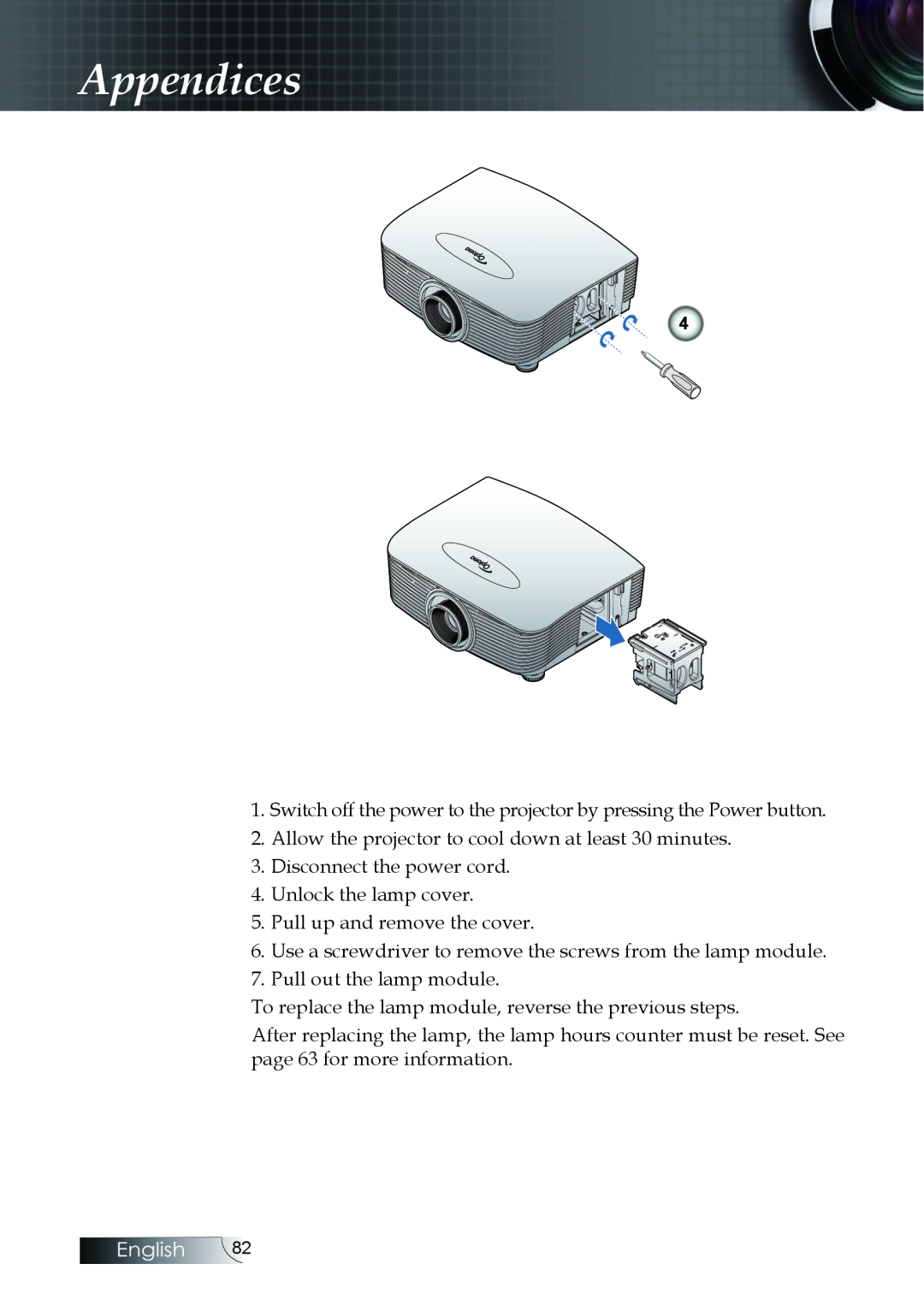 Optoma Technology EH505 manual Appendices, Switch off the power to the projector by pressing the Power button, English 