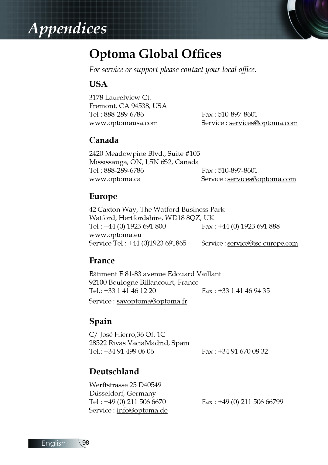 Optoma Technology EH505 manual Canada, Europe, France, Spain, Deutschland, Appendices, Optoma Global Offices, English 
