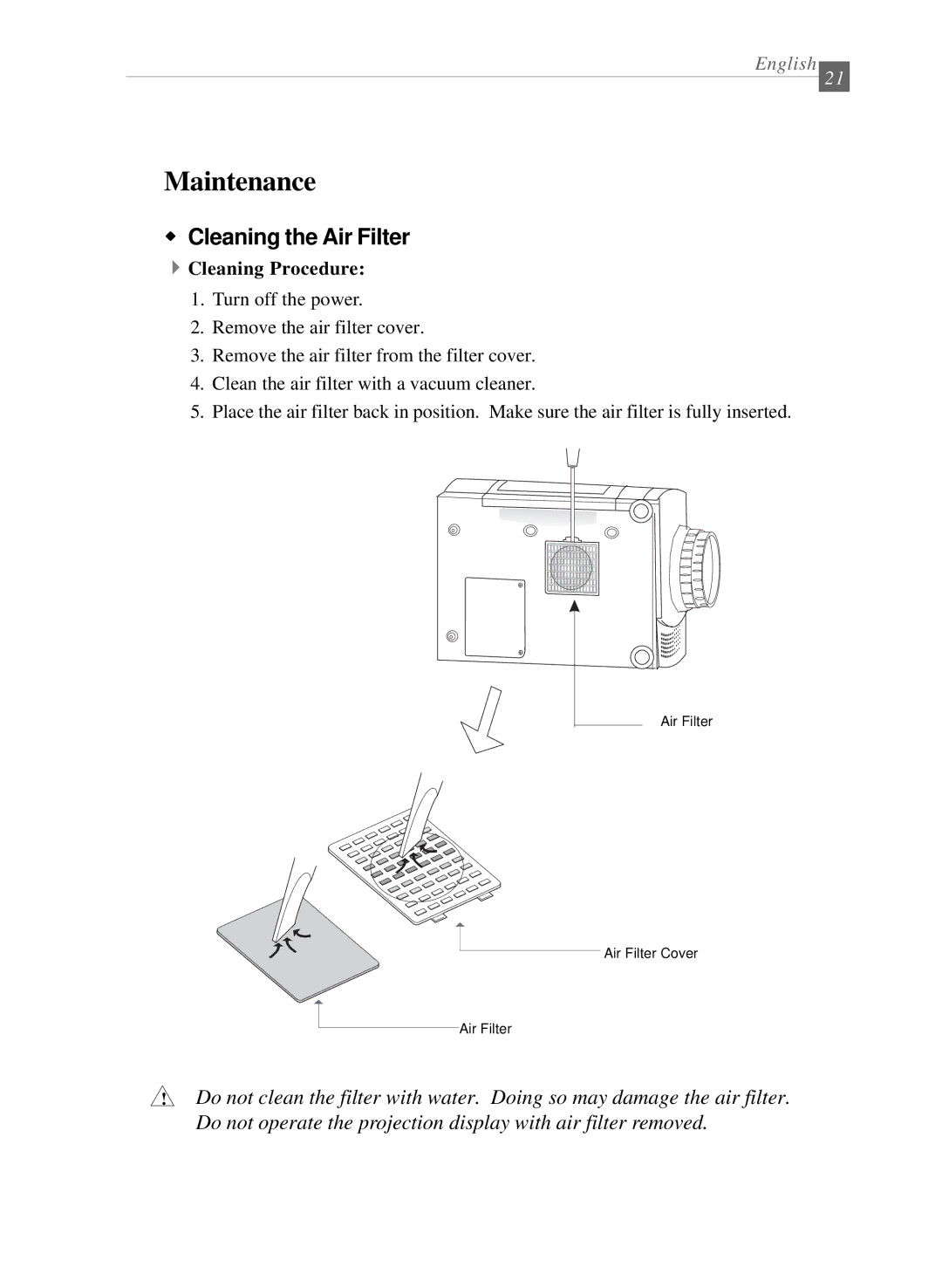 Optoma Technology EP 610 (H) specifications Maintenance, Cleaning the Air Filter, 4Cleaning Procedure 