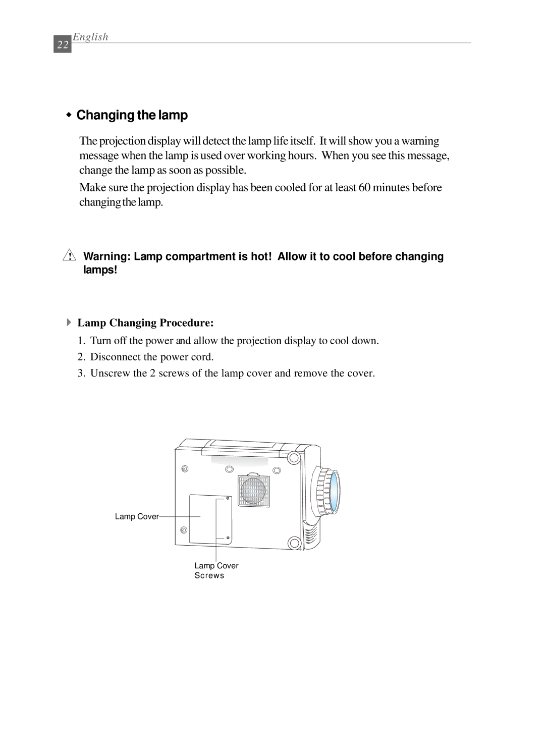 Optoma Technology EP 610 (H) specifications Changing the lamp, Lamp Changing Procedure 