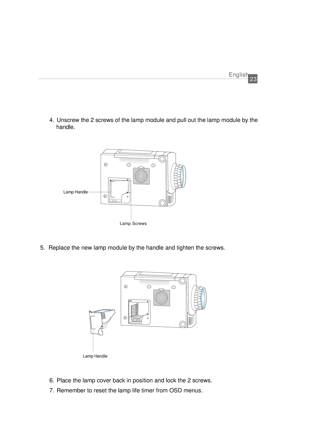 Optoma Technology EP 610 (H) specifications Lamp Handle Lamp Screws 