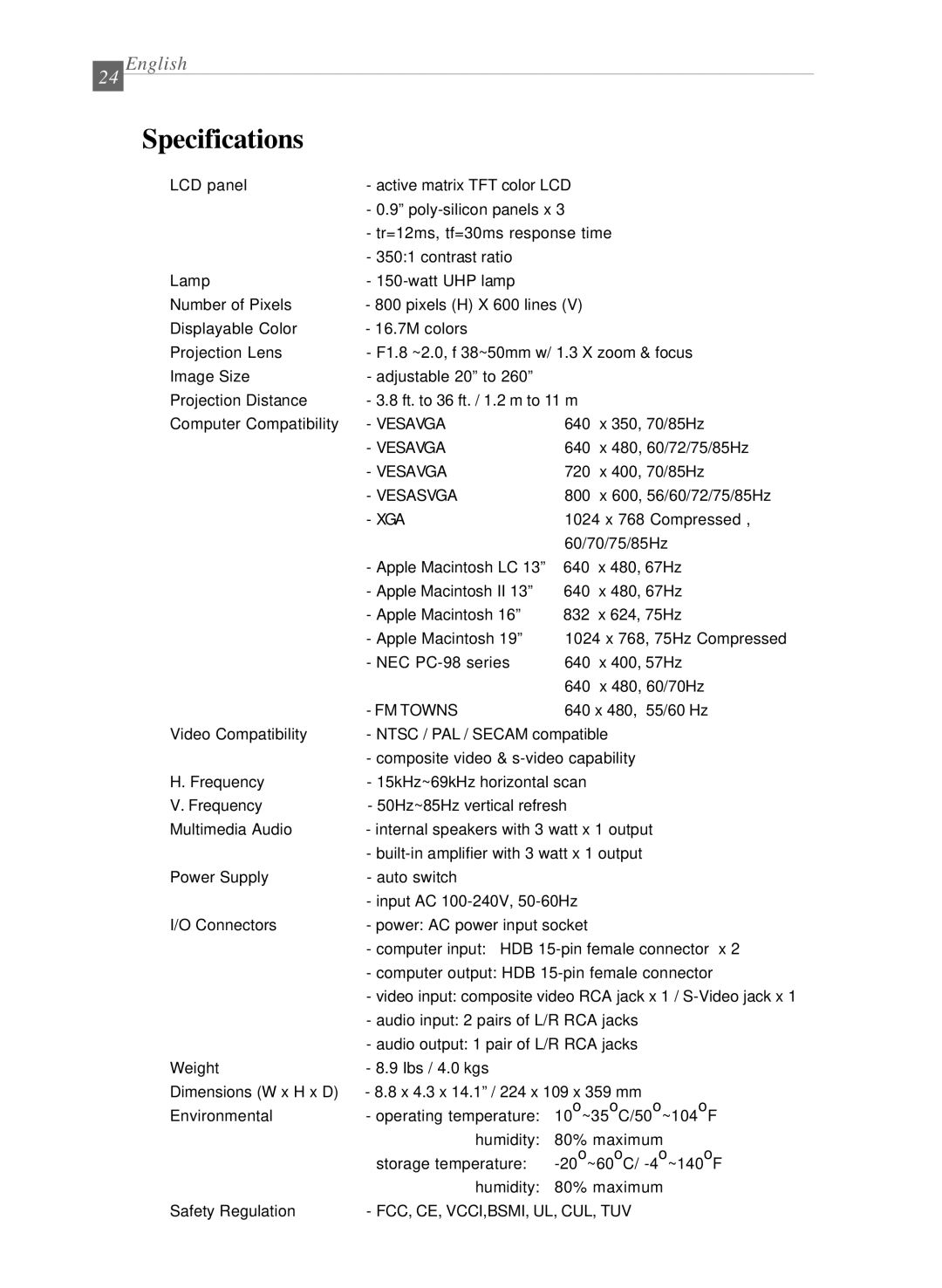 Optoma Technology EP 610 (H) specifications Specifications, Xga 