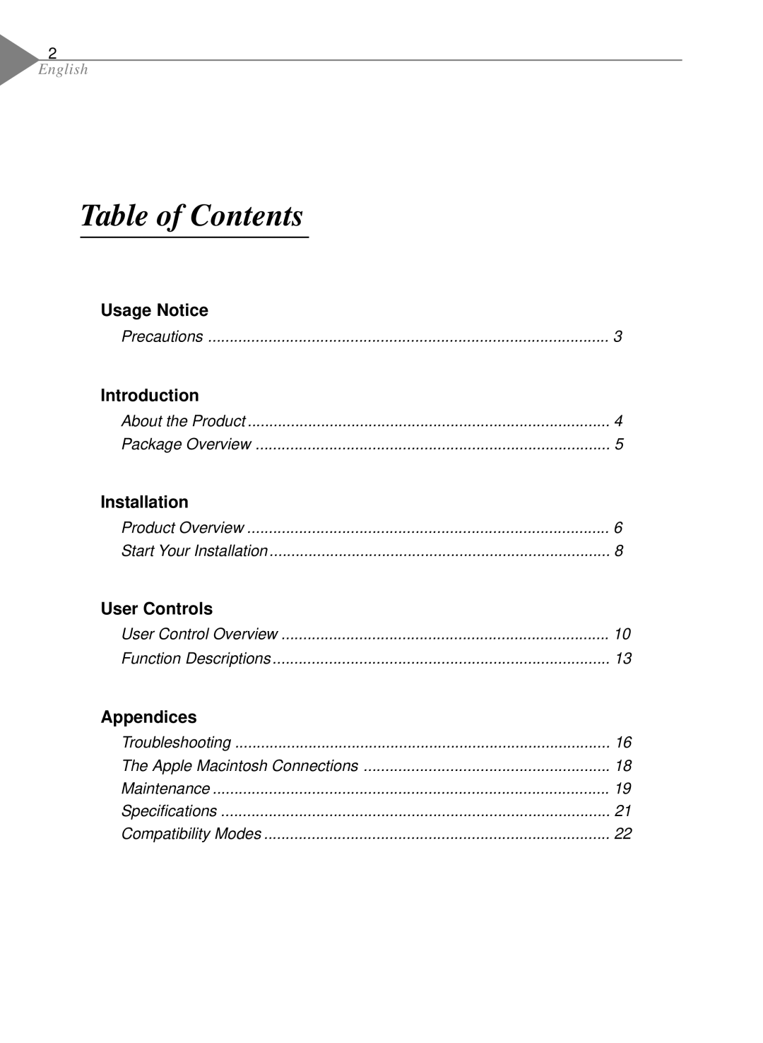 Optoma Technology EP550 specifications Table of Contents 