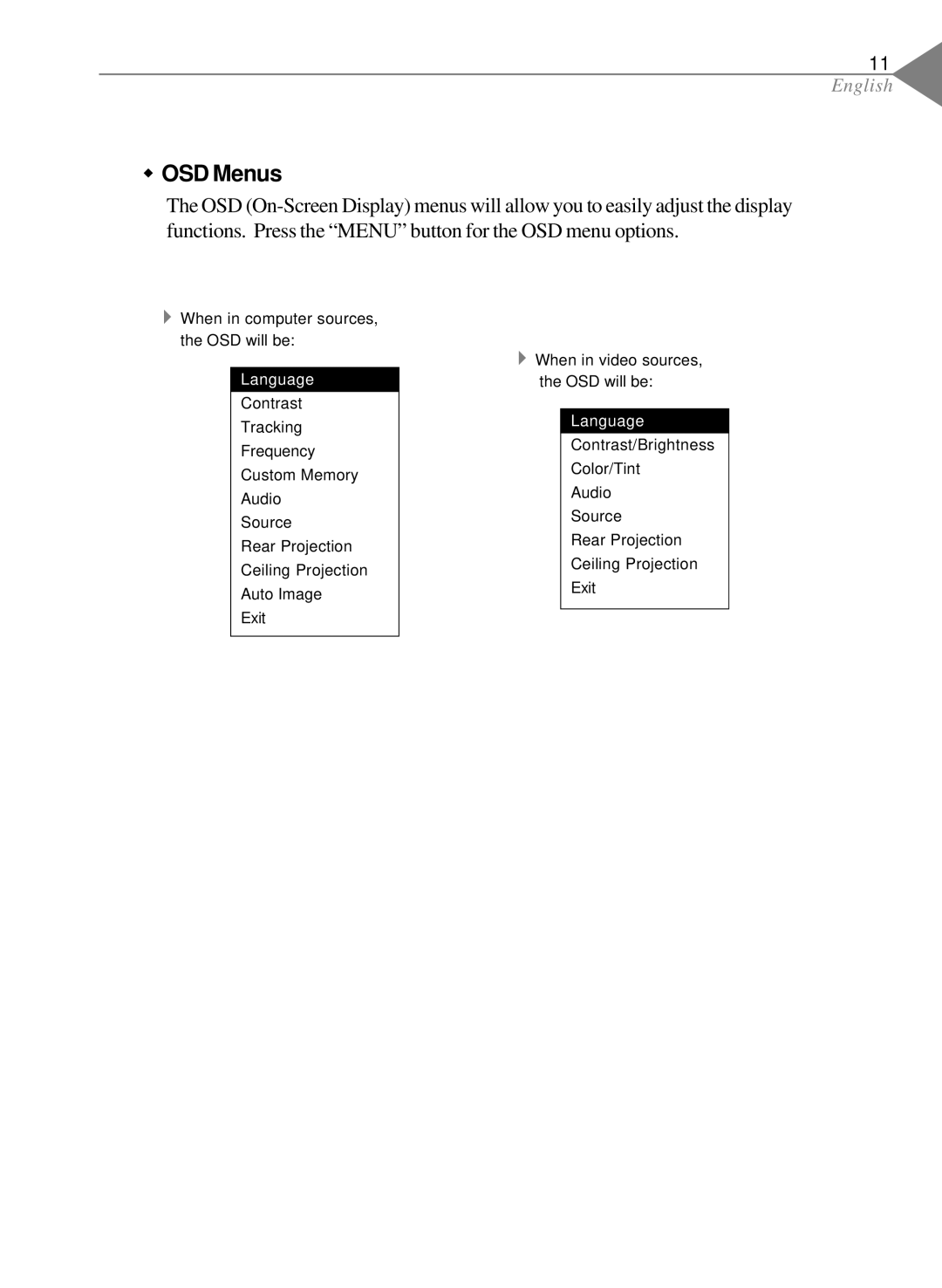 Optoma Technology EP550 specifications OSD Menus, Language 