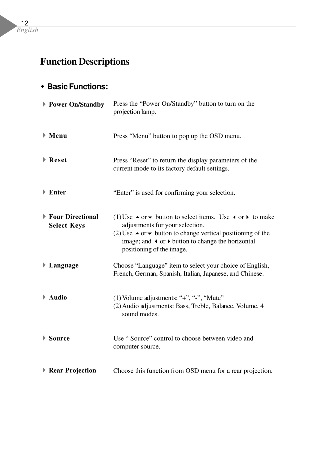 Optoma Technology EP550 specifications Function Descriptions, Basic Functions 