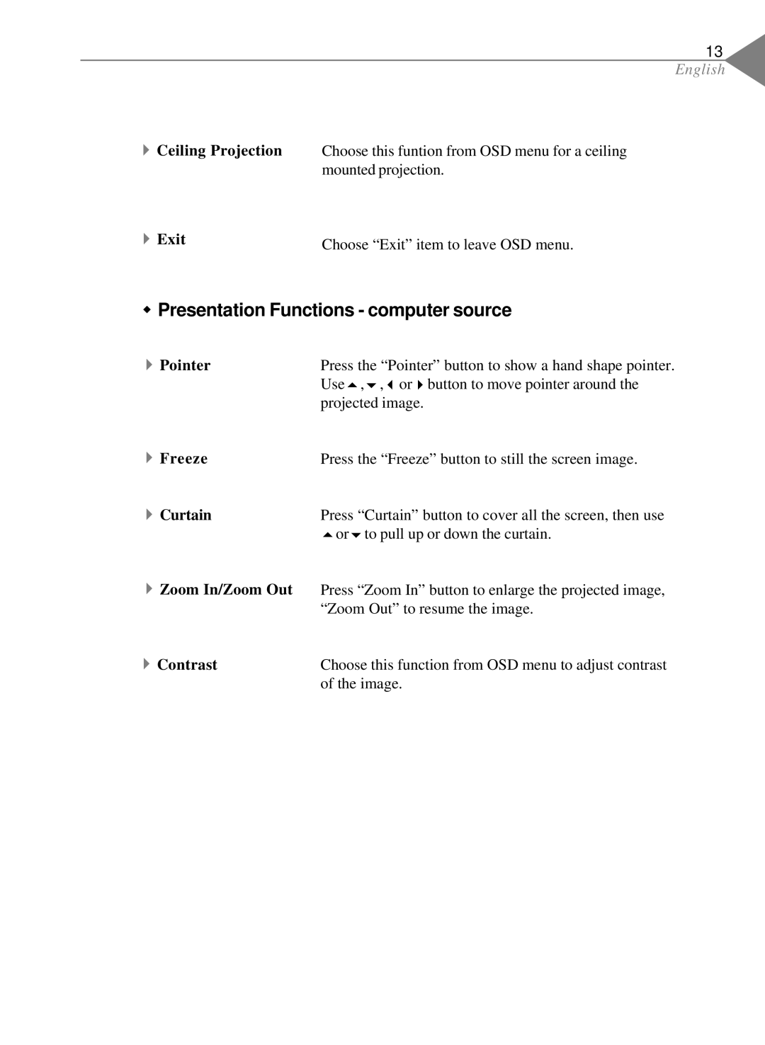 Optoma Technology EP550 specifications Presentation Functions computer source 