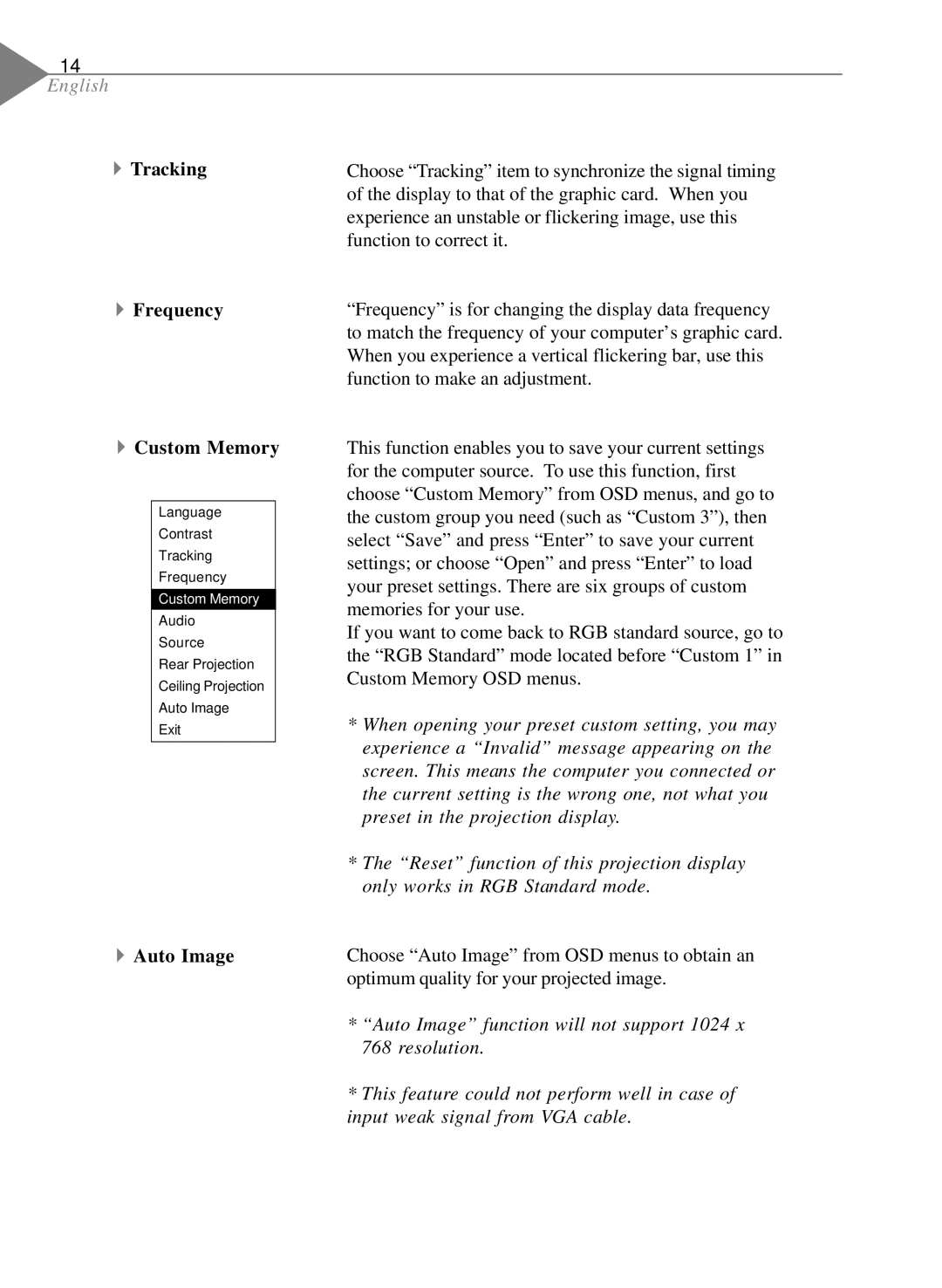 Optoma Technology EP550 specifications Tracking Frequency Custom Memory, Auto Image 