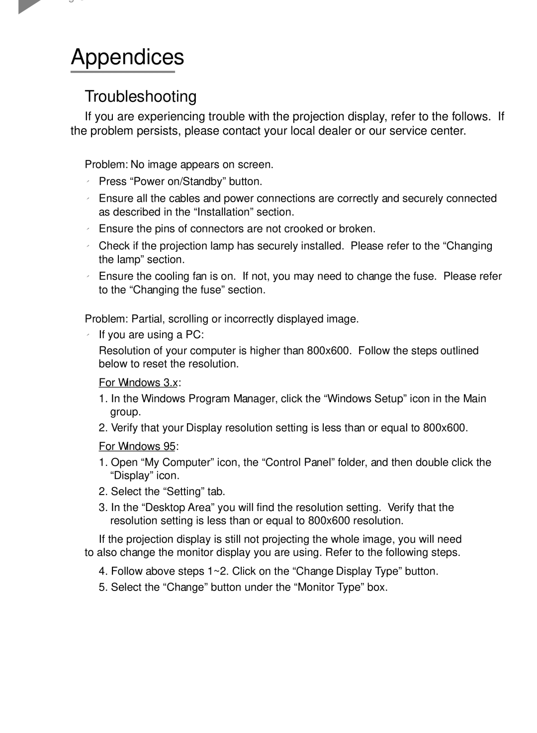 Optoma Technology EP550 specifications Appendices, Troubleshooting, Problem No image appears on screen 